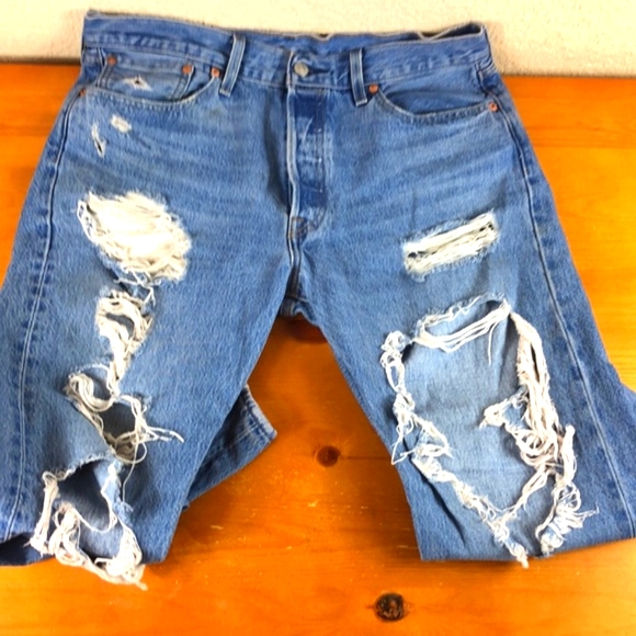 Levi's 501 Button Front Destroyed Straight Leg Denim Jeans - Picture 5 of 16